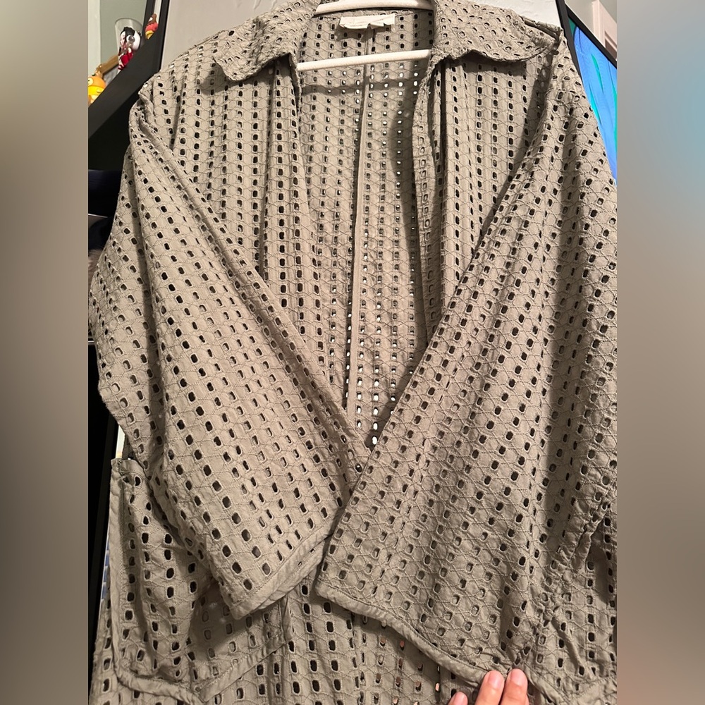 Anthropologie Collared Eyelet Olive Green Duster - Picture 7 of 10